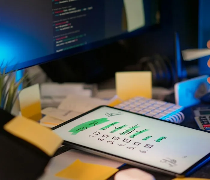 Development workspace with monitors and a task-planning tablet